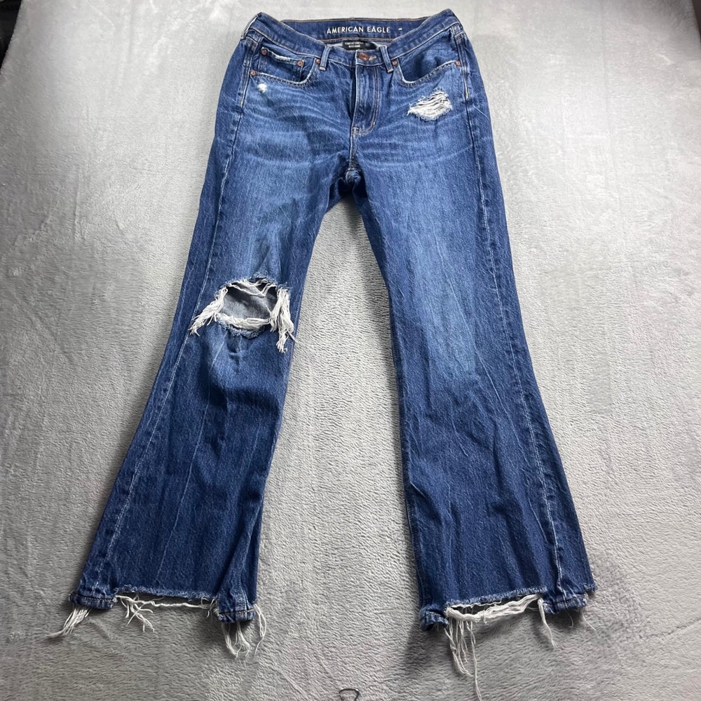 American Eagle 90s Flare Jeans Womens 4 Regular Distressed Ripped Hem Blue Denim